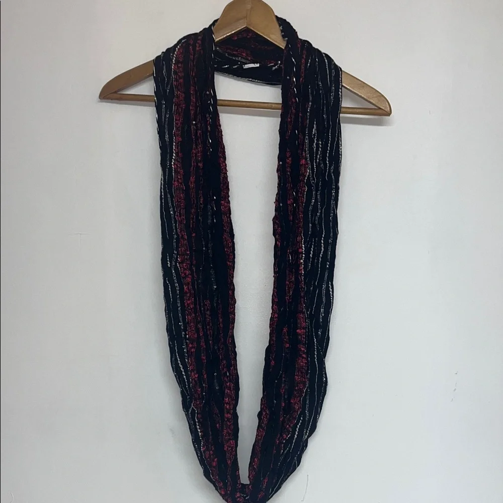 Bohemian Mixed Textile Fabric Infinity Scarf, Sequins, Sparkle Black Red Cream